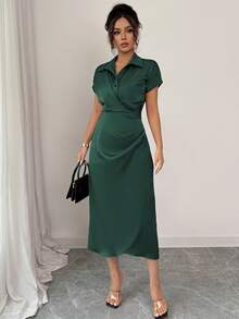 Elenzga 女士缎面法式简约高端通勤优雅办公室下午茶会优雅衬衫连衣裙，V 领落肩袖褶皱腰褶裙下摆褶皱后开衩长裙，春夏 - 墨綠色 - 查看 6