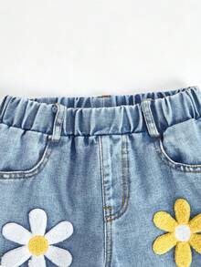 女童时尚贴袋雏菊刺绣阔腿宽松牛仔裤，Y2K复古水洗3D花朵牛仔裤，适合学校、校园、秋冬季节穿着，时尚童裤，复古水洗牛仔裤 - 淺色水洗藍 - 查看 4