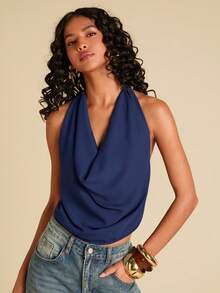 Travachic Blusa de mujer con escote en V profundo, espalda descubierta y cuello halter, de unicolor, elegante para Navidad, Año Nuevo, Acción de Gracias, invierno, graduación, baile de graduación y eventos de lujo por la noche - Azul Marino - Ver 5