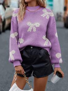 SHEIN LUNE Suéter de punto con cuello redondo, ajuste holgado y mangas farol - Morado - Ver 3
