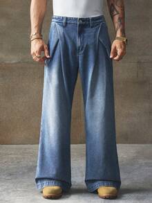 AXEPEAK 男士休闲通勤水洗阔腿牛仔裤 - 藍色 - 查看 1