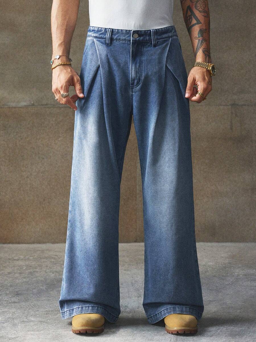 AXEPEAK 男士休闲通勤水洗阔腿牛仔裤 - 藍色 - 查看 1