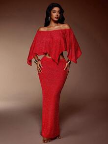 Radiana Women's Sexy Elegant Luxurious Champagne Gold Metallic Knit Rhinestone Embellished 2-Piece Set: Khaki Off-Shoulder Capelet Top + Fitted Maxi Skirt, Suitable For Dates, Parties, Galas, Birthdays, Clubs, Christmas, New Year, Formal Occasions - Red - View 1