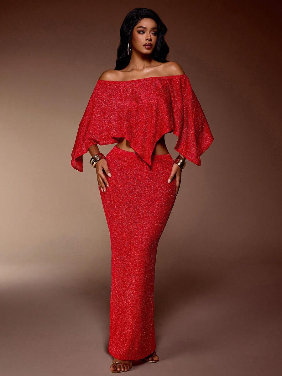 Radiana Women's Sexy Elegant Luxurious Champagne Gold Metallic Knit Rhinestone Embellished 2-Piece Set: Khaki Off-Shoulder Capelet Top + Fitted Maxi Skirt, Suitable For Dates, Parties, Galas, Birthdays, Clubs, Christmas, New Year, Formal Occasions - Red - View 1