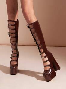 SHUZIA Fashionable Run-Way Ladies' Chocolate Faux Leather Pu Thick Platform Chunky Heel Knee High Round Top Multi Buckle Strap Comfort Fall Winter Holiday Shoe For Christmas Valentine's Day - Chocolate Brown - View 2