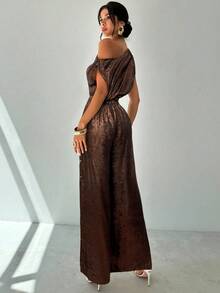 Firerie Conjunto de blusa suelta sin hombros asimétrica con detalles metálicos sin mangas y pantalones de pierna ancha con cintura elástica, adecuado para citas, fiestas, ir al trabajo, conciertos, graduaciones, atuendos de maestros, ocasiones formales - Marrón - Ver 2