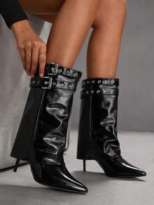 CUCCOO SZL Nuevas botas de media pantorrilla para mujer de tacón de aguja puntiagudo, con cremallera lateral, hebilla con ojal y versátiles y sexys, en color negro - Negro - Ver 7