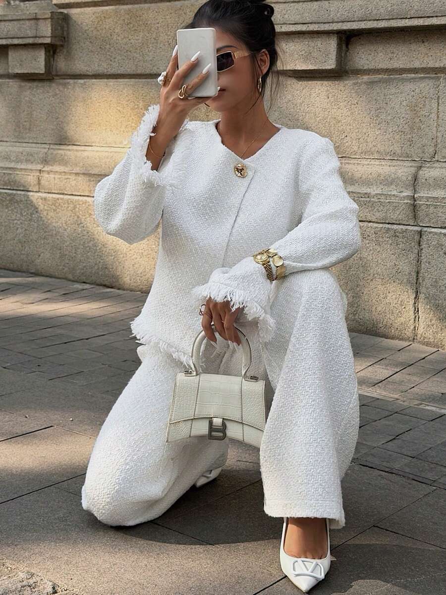 Elyressa 女士休闲优雅纯色外套和裤子两件套 - 米色 - 查看 1
