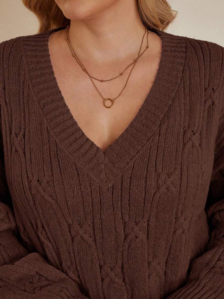 Lässiger, locker sitzender Große Größen Pullover mit V-Ausschnitt und verdrehter Strickoptik für Wärme, geeignet für Winter, Urlaub, Partys, Musikfestivals, Zuhause, Schulanfang, als Geschenk und zum Einkaufen.