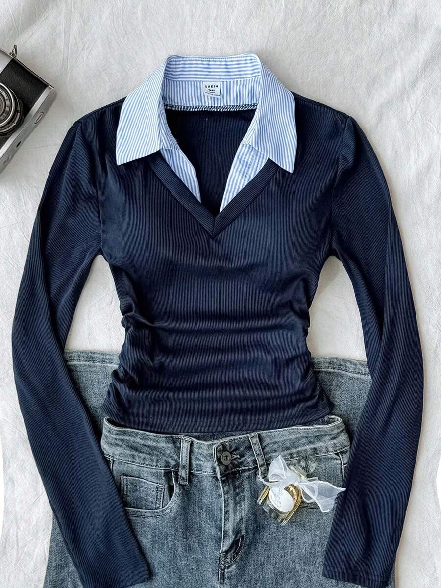 Teen Girls V-Neck Long Sleeve 2 In 1 Shirt Collar Fitted Knit T-Shirt