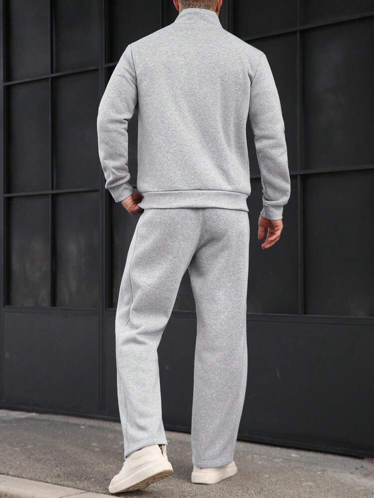 Manfinity Homme メンズカジュアル 通勤 シンプル 無地 ハイカラー ジップアップジャケット ドローストリング ウエスト ストレートレッグパンツ セット 秋 - グレー - 見る 2