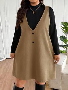 Lounesse 大码女装两件套 - 长袖上衣和无袖连衣裙 - 卡其色 - 查看 7