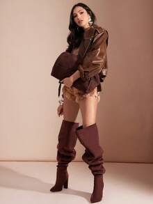 SHUZIA New Women's Chocolate Brown Faux Suede Point Toe Sexy Over The Knee Slouchy Chunky Heel Wide Calf Dance Holiday Party Fall Winter Boots - Chocolate Brown - View 1