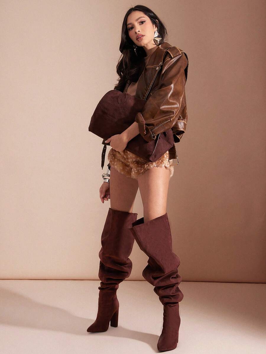 SHUZIA New Women's Chocolate Brown Faux Suede Point Toe Sexy Over The Knee Slouchy Chunky Heel Wide Calf Dance Holiday Party Fall Winter Boots - Chocolate Brown - View 1