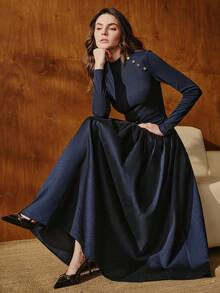 Váy maxi thắt lưng đan vá Anewsta thanh lịch có viền xòe, tay dài cổ tròn, mùa thu/đông, thích hợp mặc khi đi chơi, trang trọng, tiệc tùng, sang trọng, năm mới, giáng sinh, công sở, tốt nghiệp, đám cưới - Màu xanh hải quân - Xem 2