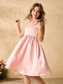 Girls' Bowknot Strap Flare Dress, Pink Satin Prom Gown - Pink - View 3