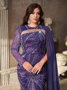 Aureia 加大码优雅浪漫紫色圆领不对称袖奢华亮片网眼拼布美人鱼下摆缀饰礼服（重度缀饰设计） - 紫色 - 查看 3