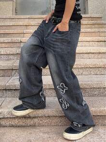 ROMWE MEN Street Life Men's Casual Washed Embroidered Loose Fit Jeans - Grey - View 5