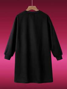 THE POWERPUFF GIRLS X SHEIN Váy nỉ dáng rộng cổ tròn hở vai họa tiết hoa và chữ lấp lánh, bong bóng, họa tiết hoa mao lương cho bé gái tuổi mới lớn, màu đen, thu/đông - màu đen - Xem 3