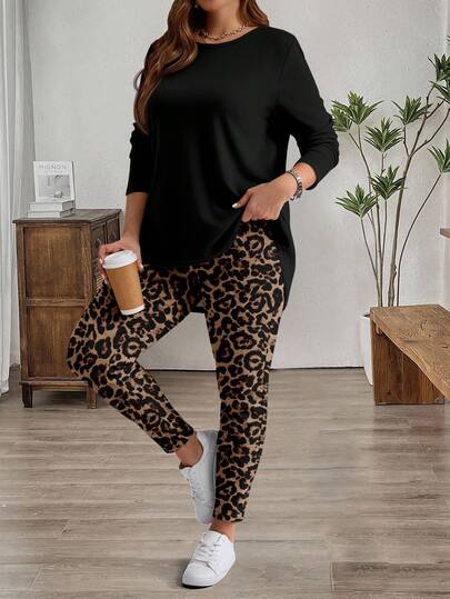 EMERY ROSE Plus Size Women Black Solid Color Casual Long Sleeve T-Shirt And Leopard Print Yoga Pants 2 Piece Set, Suitable For ,
