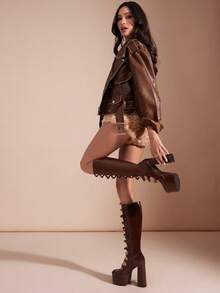 SHUZIA Fashionable Run-Way Ladies' Chocolate Faux Leather Pu Thick Platform Chunky Heel Knee High Round Top Multi Buckle Strap Comfort Fall Winter Holiday Shoe For Christmas Valentine's Day - Chocolate Brown - View 3