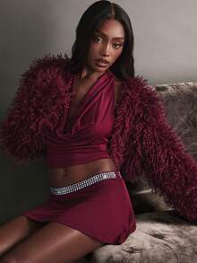 Hauture Jupe mini évasée à taille basse ornée de strass pour femmes - Rouge foncé - Voir 1