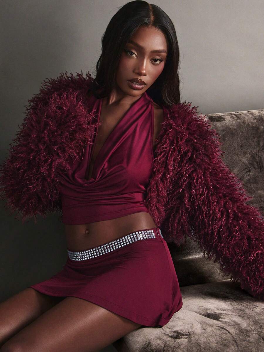 Hauture Jupe mini évasée à taille basse ornée de strass pour femmes - Rouge foncé - Voir 1