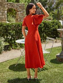 KARISMINA Women's Solid Color V-Neck Ruffle Short Sleeve Button Design Casual Dress - Burnt Orange - View 2