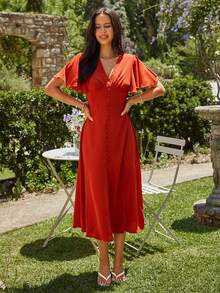 KARISMINA Women's Solid Color V-Neck Ruffle Short Sleeve Button Design Casual Dress - Burnt Orange - View 3