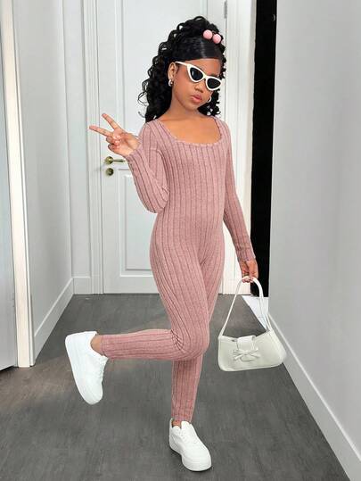 SHEIN Tween Girl Casual Solid Color Crew Neck Long Sleeve Fitted Jumpsuit