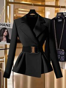 SHEIN PETITE Elegant Metal Buckle Decor Long Black Blazer For Women, Suitable For Party