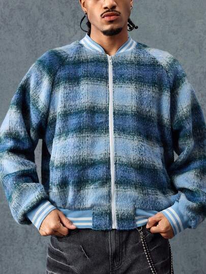 Street Life Men's Autumn/Winter Plaid Woolen Baseball Jacket, Streetwear Style