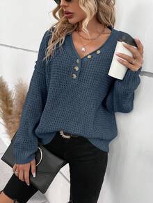 SHEIN LUNE 女士纯色落肩长袖V领纽扣休闲毛衣，秋冬款 - 霧霾藍 - 查看 3