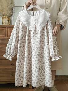 Vintaside Kids 少女休闲碎花刺绣领连衣裙，秋季款 - 彩色 - 查看 1