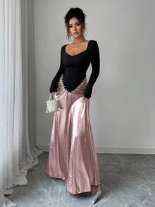 Selianne Damen Farbblock Langarm Kleid mit Perle Dekor und Raffung, elegantes Design - Pink - Übersicht 7