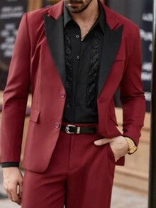 Manfinity VCAY 男士撞色翻领长袖外套和裤子休闲西装套装 - 酒紅色 - 查看 2