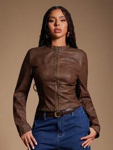 Radiana Áo khoác nữ ôm sát bằng da PU màu nâu cà phê cổ điển, phong cách đường phố gợi cảm, có đinh tán kim loại, áo khoác mô tô, áo khoác Moto - màu nâu - Xem 5