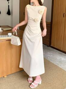 SHEIN Elegant Khaki Sleeveless Ruched Snug Fit Slit Dress, Sophisticated Party Wear, Floral Embellished, Suitable For Weddings And Occasions - Khaki - View 1