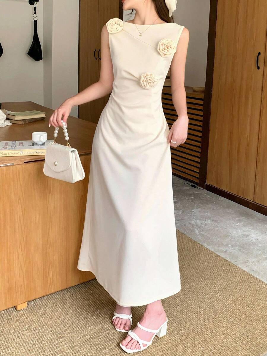SHEIN Elegant Khaki Sleeveless Ruched Snug Fit Slit Dress, Sophisticated Party Wear, Floral Embellished, Suitable For Weddings And Occasions - Khaki - View 1