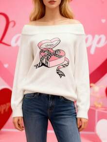 INAWLY Suéter holgado de manga larga con hombros descubiertos y estampado de caja de regalo con corazón, de punto - Blanco - Ver 3