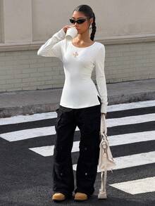 SHEIN Muchic Women's Letter Print Fitted Long Sleeve T-Shirt, White Y2k Top - White - View 6