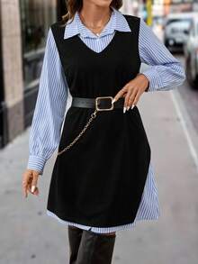 SHEIN Clasi Camisa Listrada Azul e Branca de Manga Longa Feminina, Jaqueta de Colete de Malha com Cinto, Elegante para Uso Diário e Transporte, Conjunto de 2 Peças para Outono/Inverno - Multicolorido - Visão 14