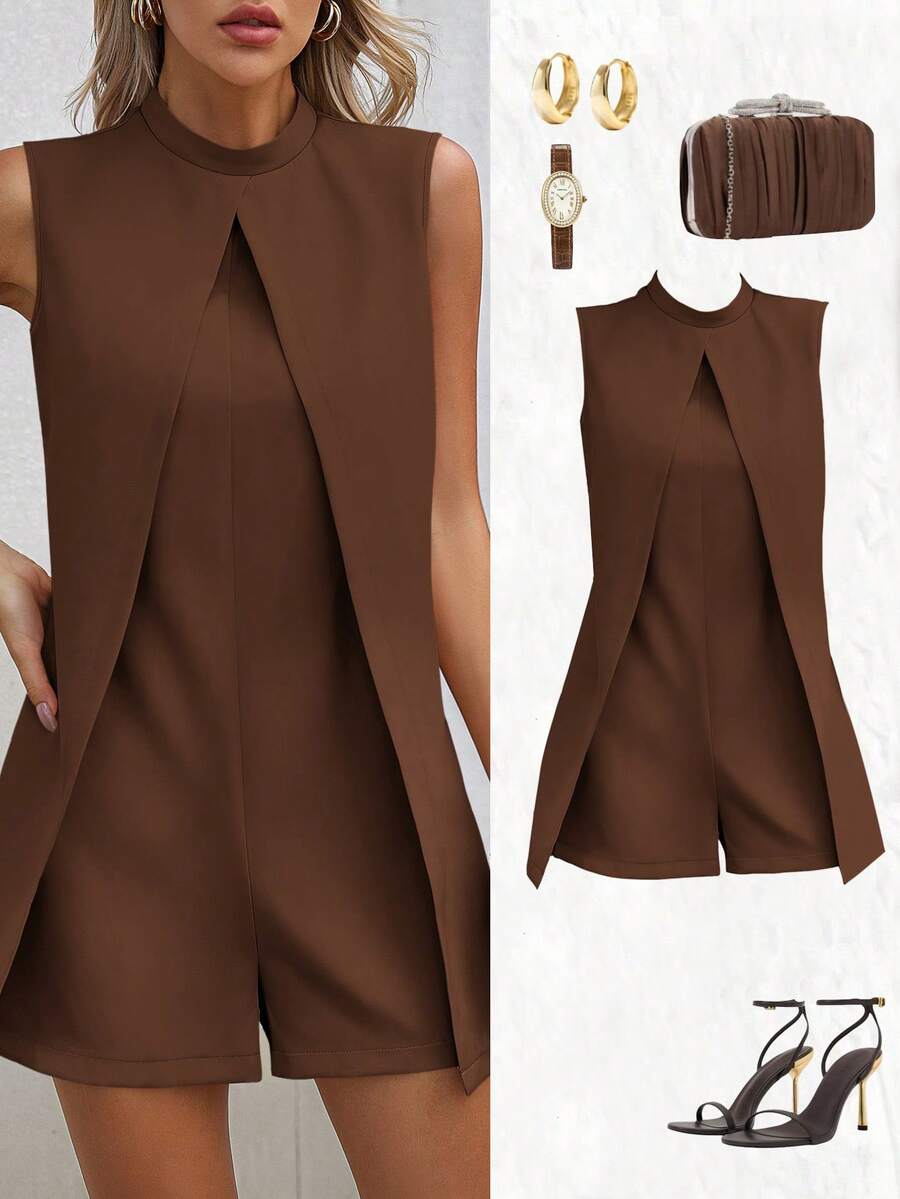 EMERY ROSE Fashionable Solid Color Sleeveless Jumpsuit - Coffee Brown - View 1