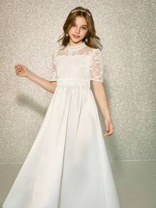 Satin Lace Patchwork Embroidered Mesh Dress, High-End White Formal Dress For Tween Girl - White - View 6