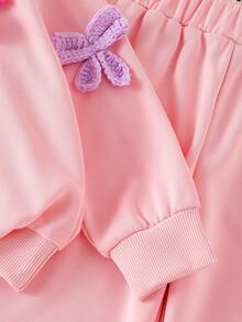 Elladie kids 2 peças/Conjunto Moletom de Gola Redonda de Manga Longa com Laço Colorido de Crochê e Calça para Meninas Jovens, Conjunto de Roupa Infantil Fofa e Estilosa de Desenho Animado para Outono/Inverno - Rosa chiclete - Visão 6