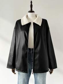 Auralis 大码女式秋冬时尚休闲宽松舒适日常保暖内衬黑色 PU 夹克、冬季外套、街头服饰、女士冬装