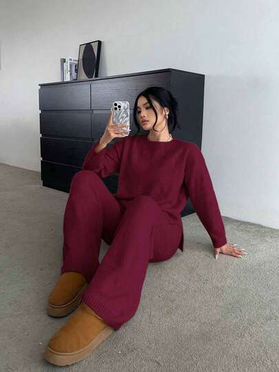 Flirla Soft & Comfy Slimming Versatile Casual Wide Leg Pants & Long Sleeve Knit Set