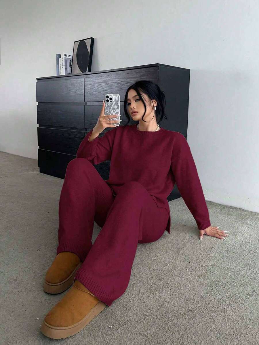Flirla 柔软舒适修身百搭休闲阔腿裤和长袖针织衫套装 - 酒紅色 - 查看 1