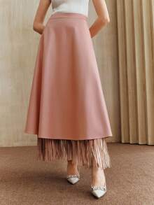 Anewsta 秋冬优雅仿皮流苏设计A字裙（女款） - 粉色 - 查看 4