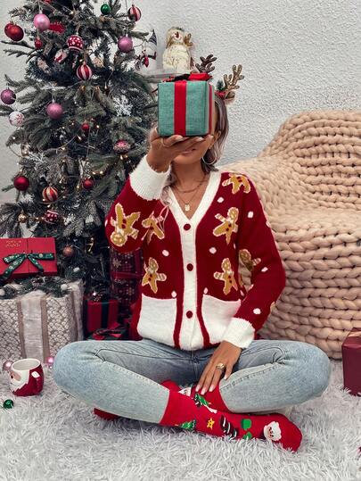 LanaWest Women's Colorblock Christmas Pattern Cardigan